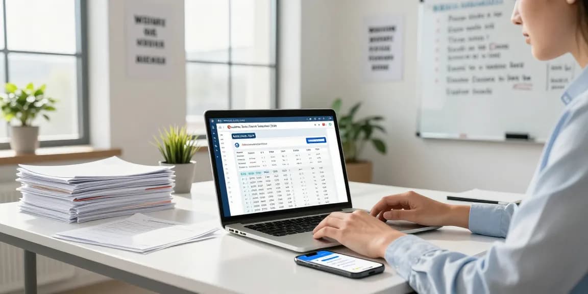 A young professional using the quebec sales tax calculator 2026 in a modern office filled with tax documents and motivating decor.
