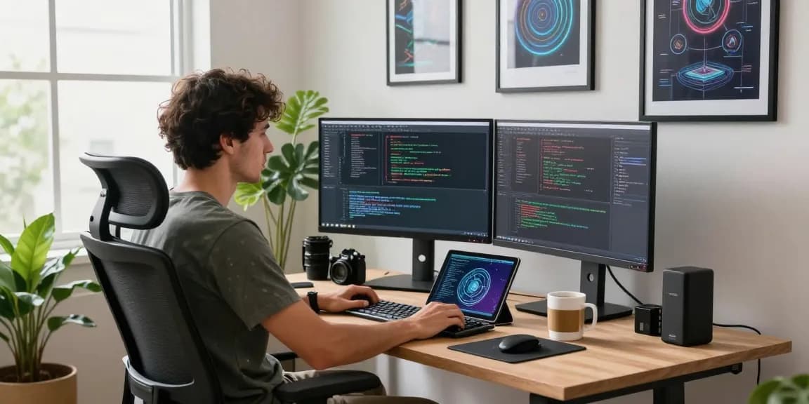 Developer using generative AI tools in a modern tech workspace, with dual monitors and a vibrant atmosphere.