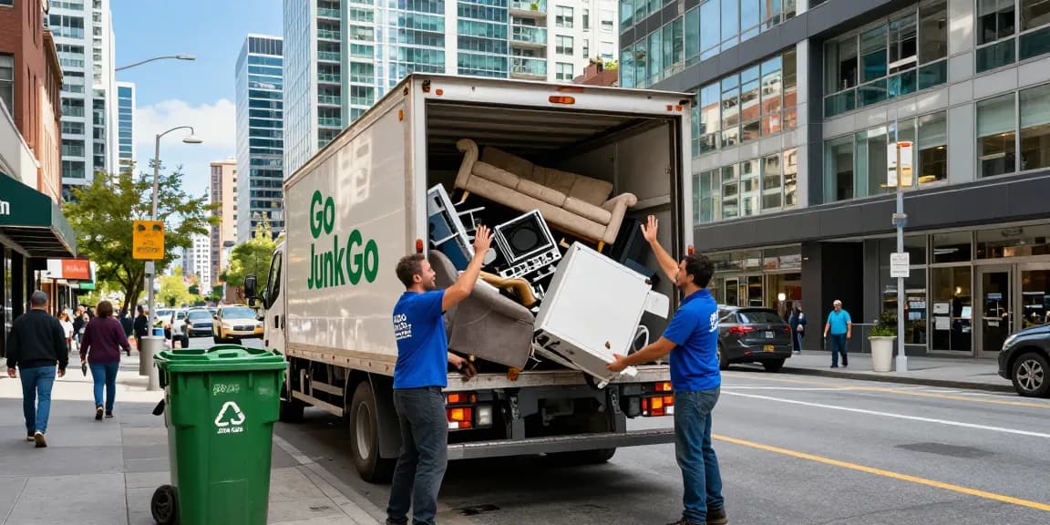 Go Junk Go team performing target Junk Removal Vancouver service on a busy city street.