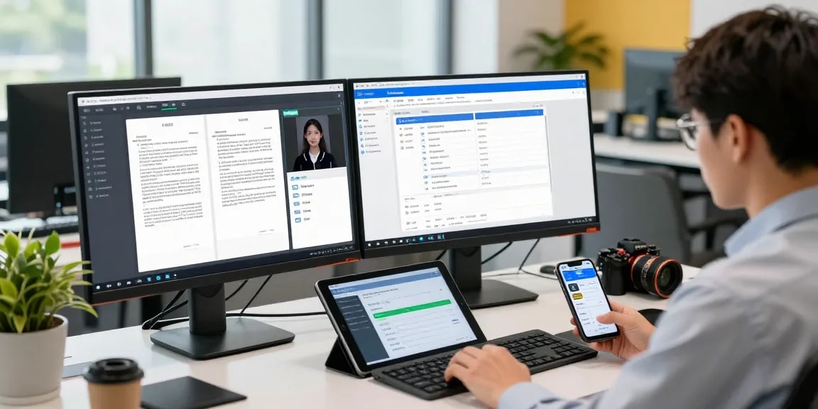 Professional engaged in document fraud detection, analyzing data and verifying digital signatures in modern office
