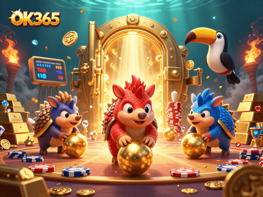 OK365 pangolins rival in a vibrant casino scene, rolling through golden poker chips.