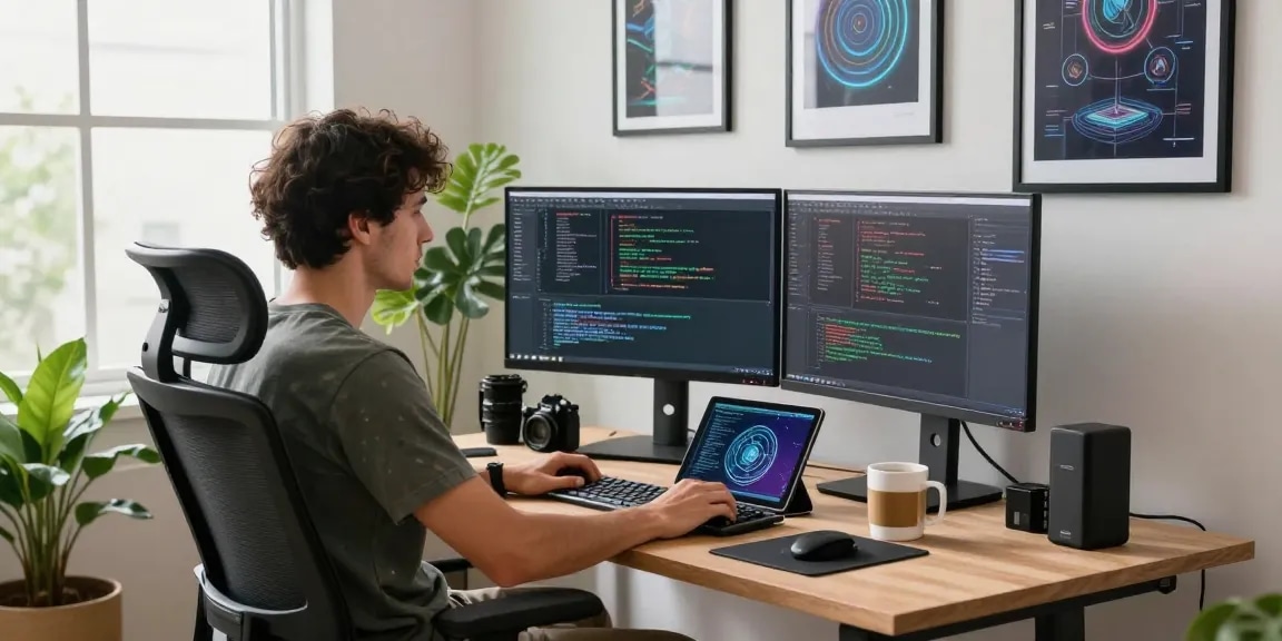 Developer using generative AI tools in a modern tech workspace, with dual monitors and a vibrant atmosphere.