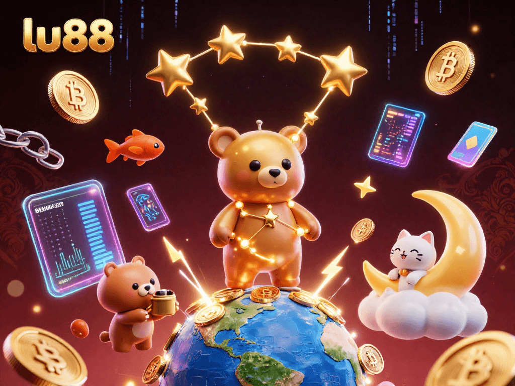 Experience the vibrant energy of lu88 as the constellation bear scoops coins amidst a dazzling digital casino world.