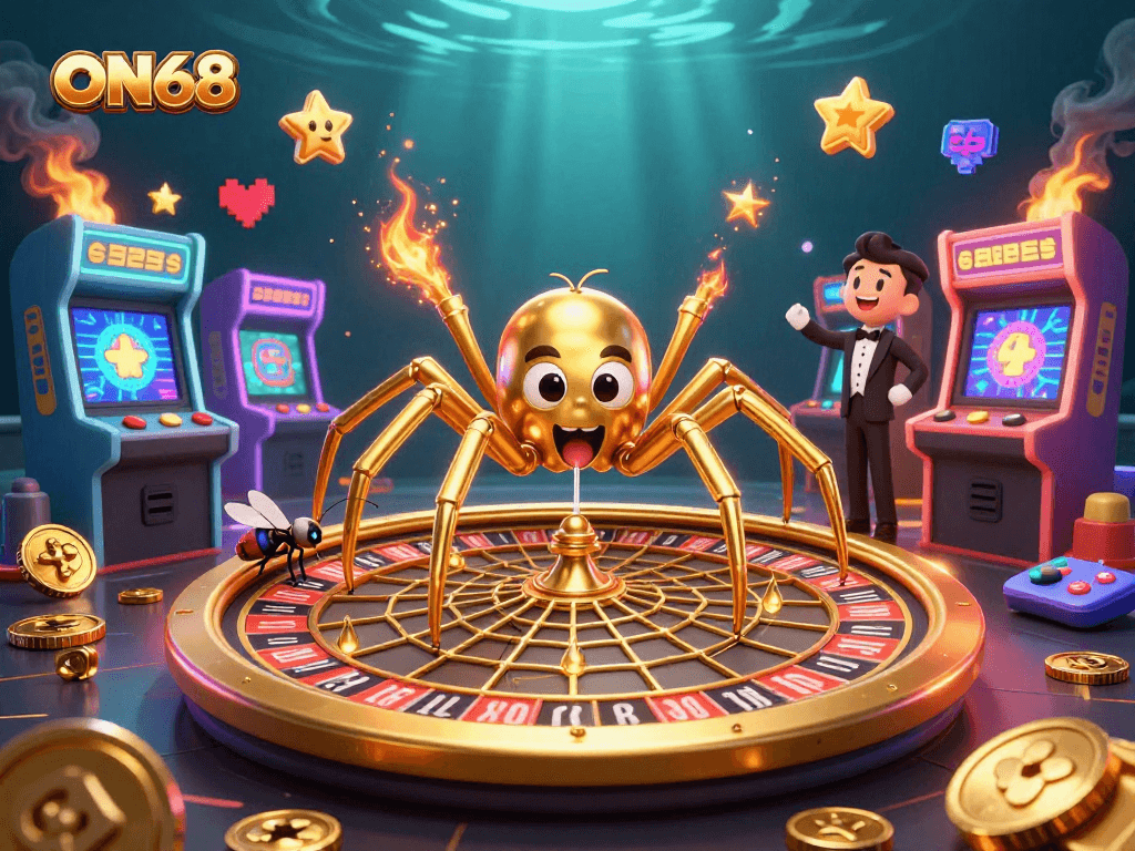 Experience ON68's thrilling gaming landscape with cartoon spider and fly by roulette wheel.