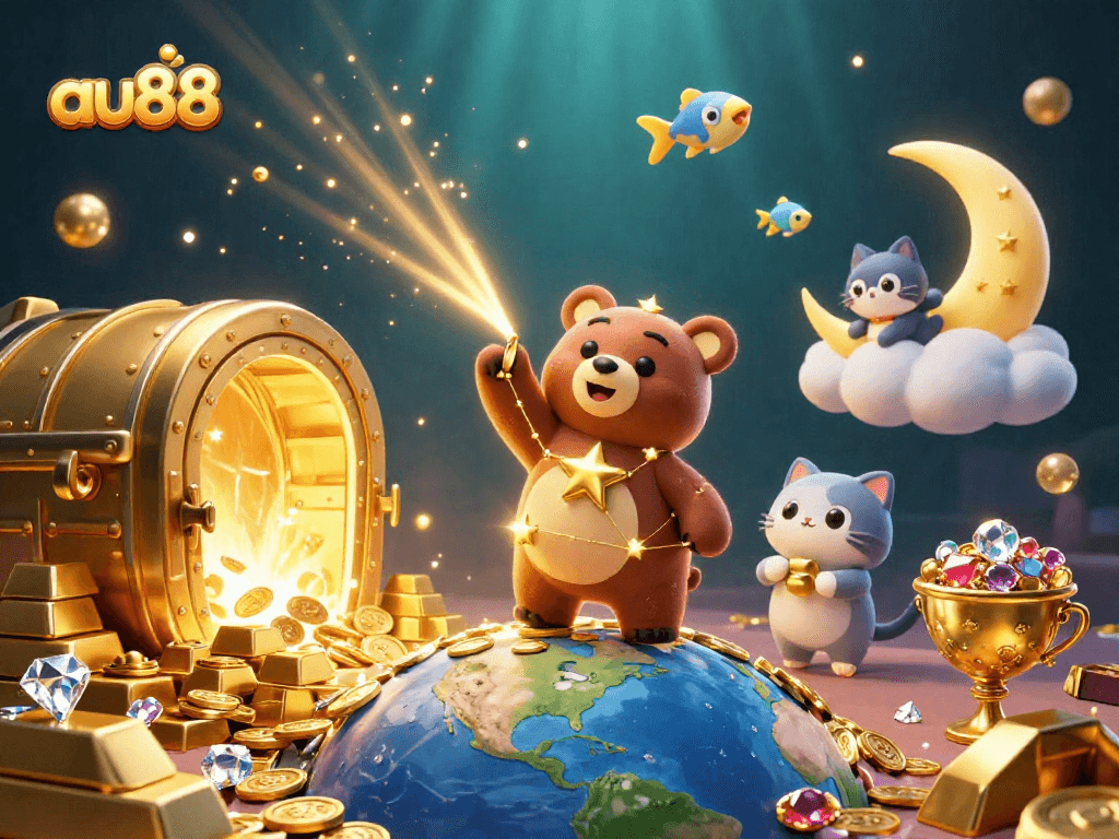 Join the gaming excitement at au88 as a constellation bear grapples treasures in a vibrant underwater casino scene.