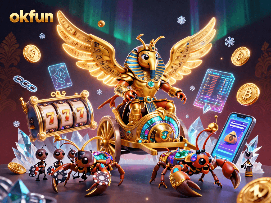 Engage in thrilling gameplay at okfun with vibrant slot reels and crypto-themed elements.