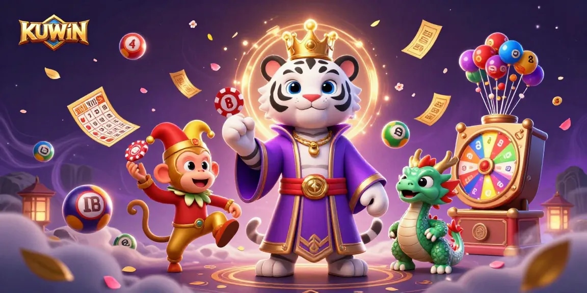 KUWIN brings excitement with a dazzling casino scene featuring a royal white tiger, jester monkey, and dragon.