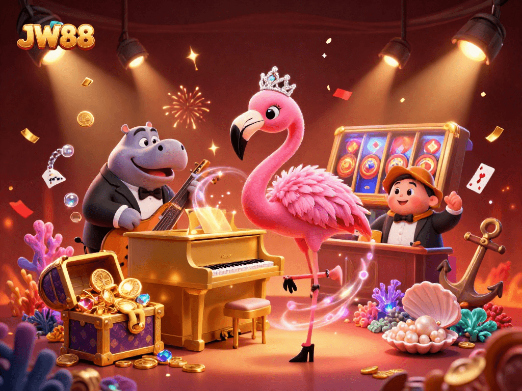Experience the excitement of JW88 with dynamic casino characters amid vibrant gaming elements.
