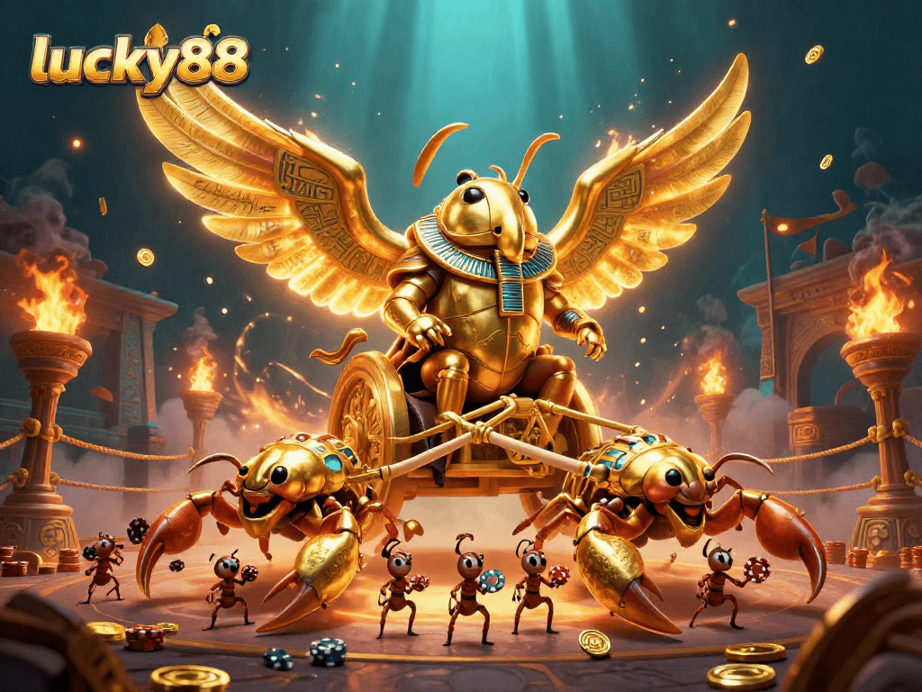 Engage with lucky88's exciting games, featuring a golden scarab beetle and intricate casino themes.