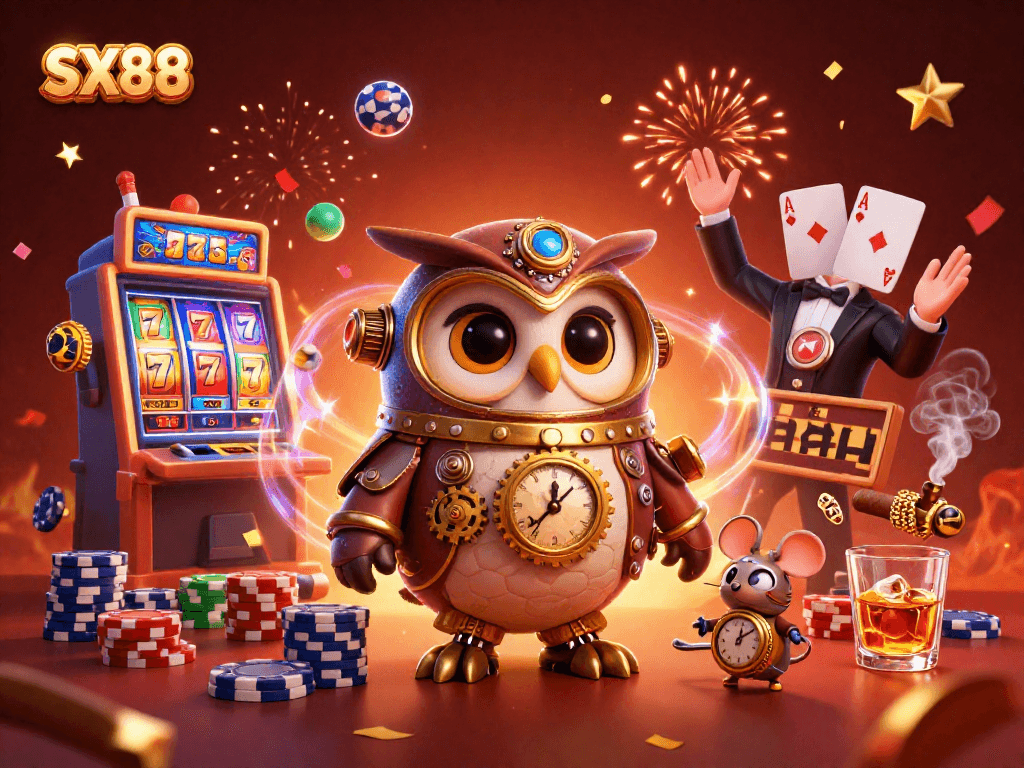 SX88 casino action featuring a time-traveler owl and dynamic gambling elements.