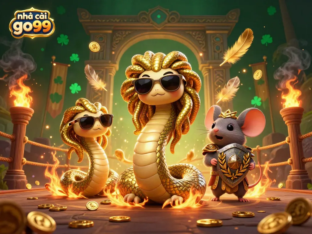 Experience the magic at nhà cái go99 with Medusa and a warrior mouse in a vibrant 3D casino illustration.