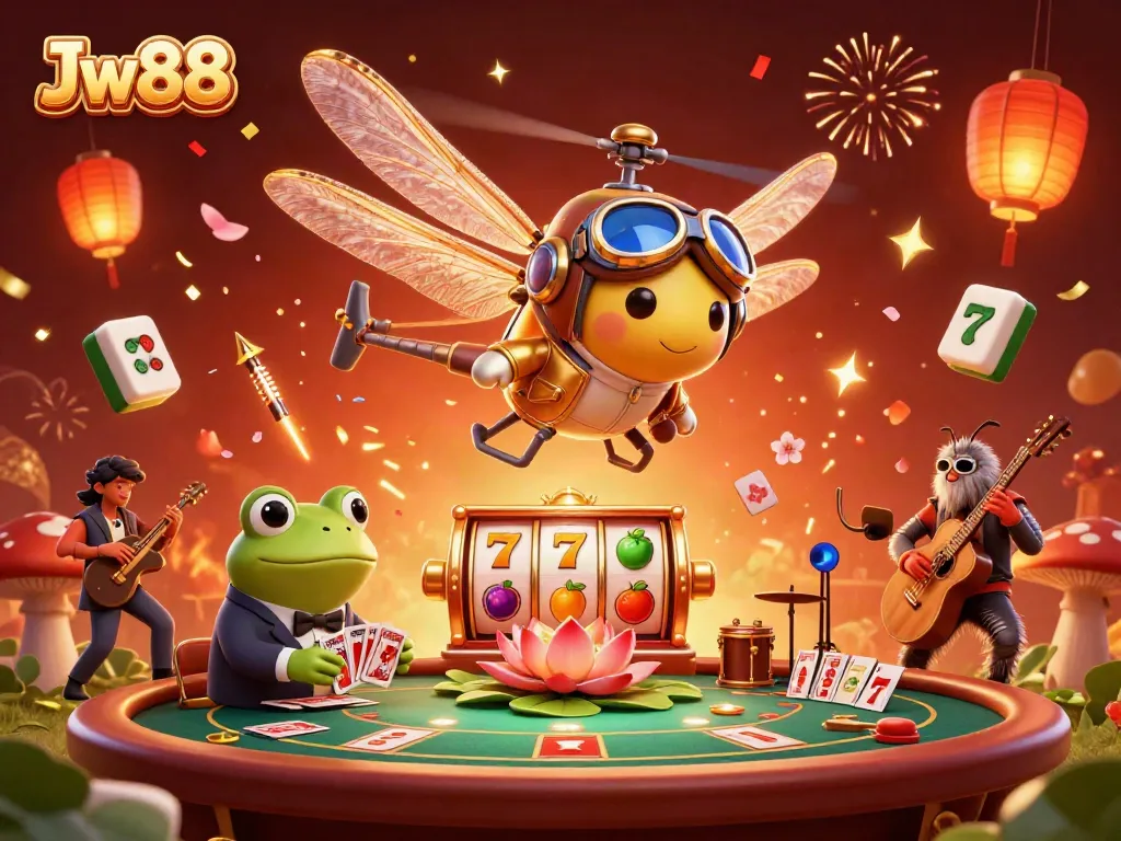 Experience Jw88 gameplay magic with a dragonfly pilot, a frog croupier, and festive casino elements.