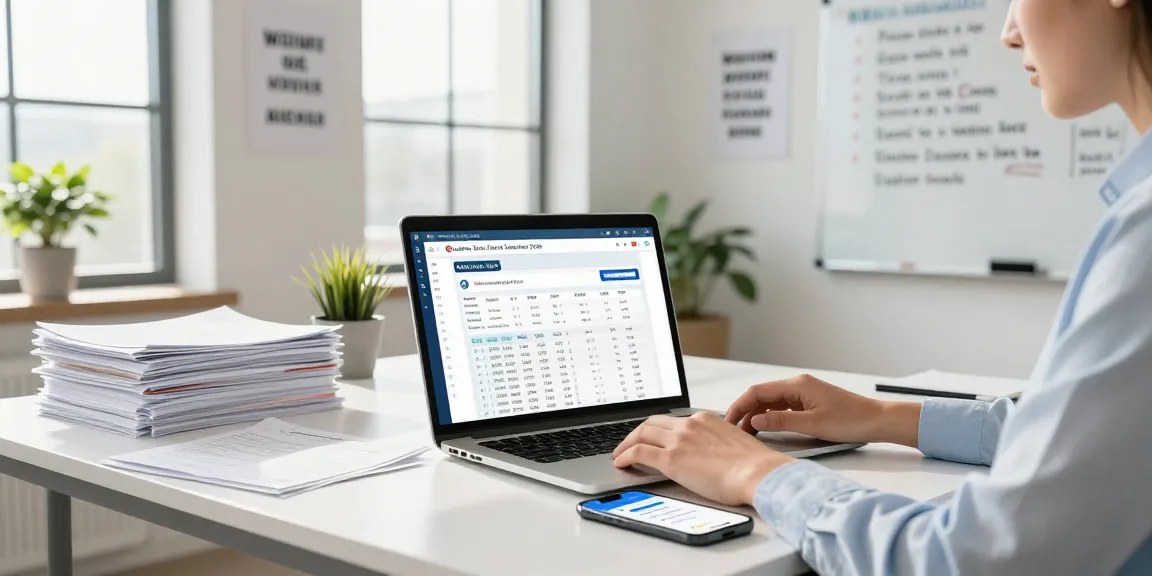 A young professional using the quebec sales tax calculator 2026 in a modern office filled with tax documents and motivating decor.