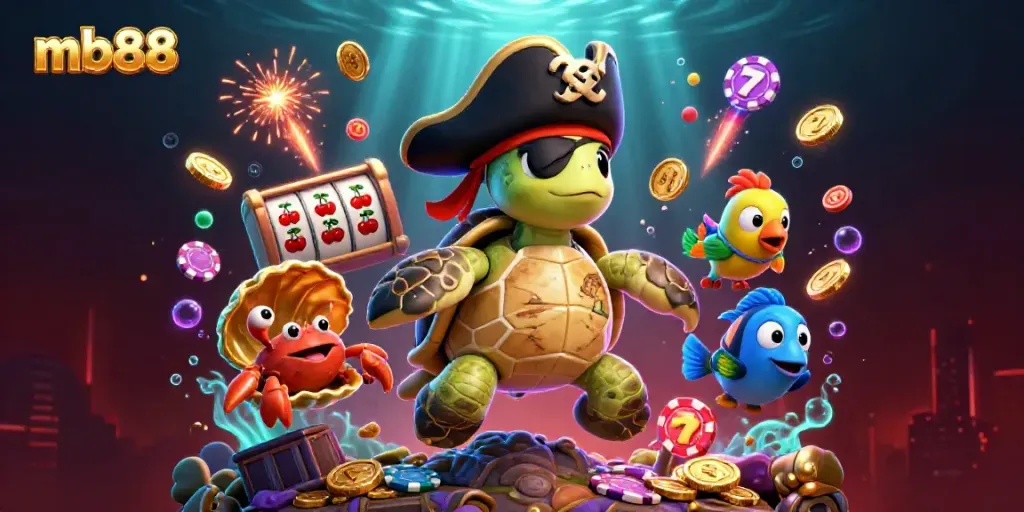 Engage with mb88's vibrant casino scene featuring a pirate turtle, treasure, and dynamic gambling elements.