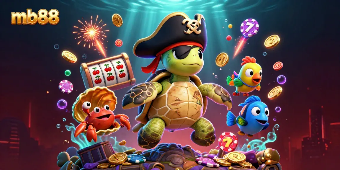 Engage with mb88's vibrant casino scene featuring a pirate turtle, treasure, and dynamic gambling elements.