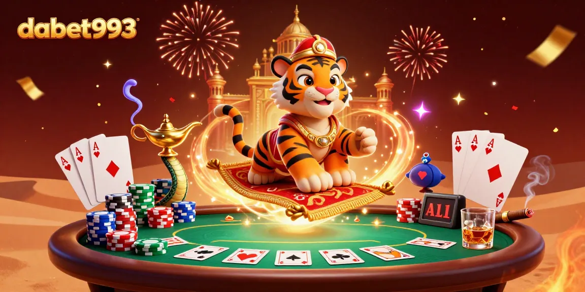 Dabet993 invites players to enjoy vibrant online gaming with a magical tiger sultan, casino elements, and fireworks.
