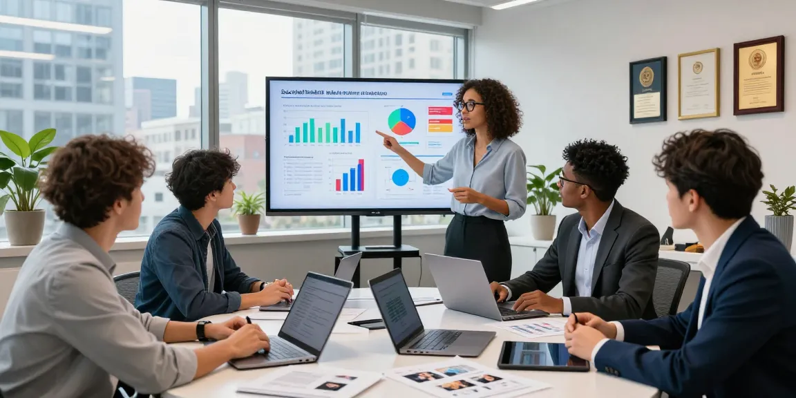 Professionals collaborating on social media advertising strategies in Canada within a modern marketing agency setting.