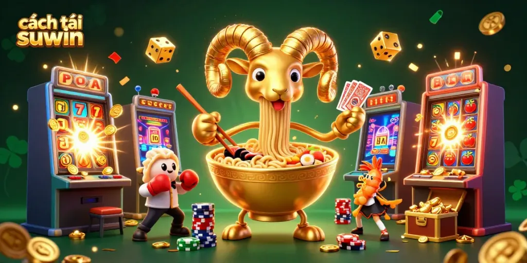 Experience excitement using cách tải suwin with a vibrant scene featuring casino characters and jackpot elements.
