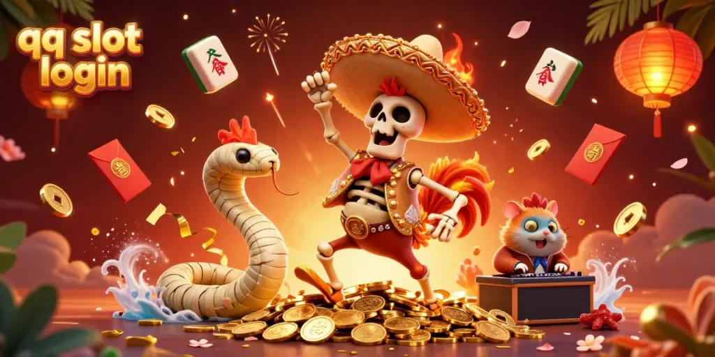 Celebrate wins with qq slot login featuring a mariachi rooster and gold coins, vibrant casino elements.