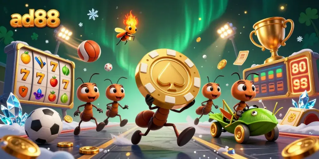 Engage with ad88's thrilling slot games as ants navigate a heist, surrounded by vibrant casino elements.