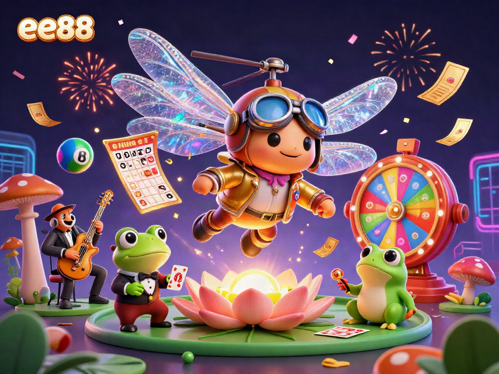 Experience the vibrant energy of ee88 casino games with a dragonfly pilot and frog croupier in lively scene.