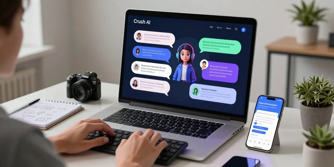 Engaging scene featuring Crush AI chatbot interface on a sleek computer, showcasing interactive AI capabilities in a modern workspace.