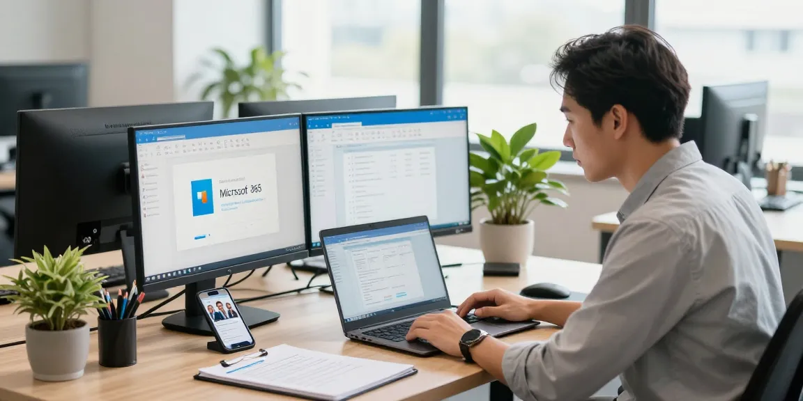 Microsoft 365 Support Markham with IT technician assisting client in modern office, displaying productive teamwork.