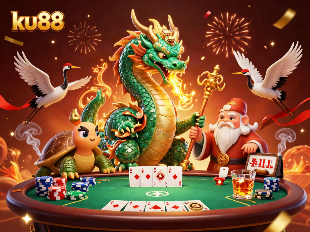 ku88 experience an exciting poker tournament with a jade dragon and vibrant characters in a festive casino