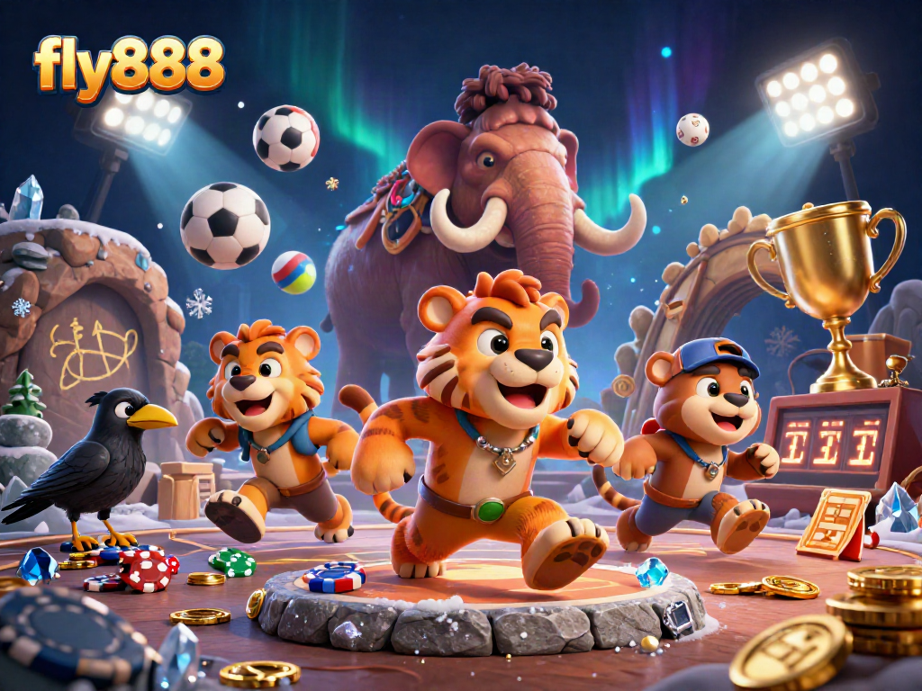 Engage with exciting betting action at fly888 in vibrant 3D casino illustration featuring sports elements.