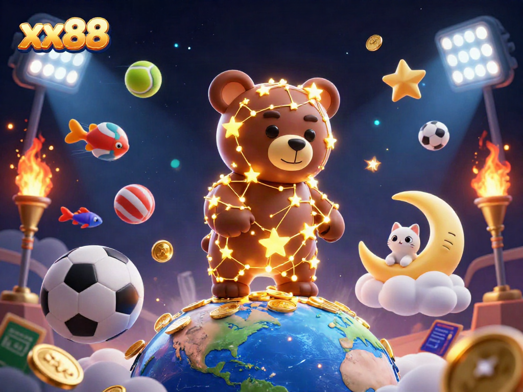 Engage with xx88 sports betting in a vibrantly detailed 3D casino scene featuring a constellation bear and sports elements.