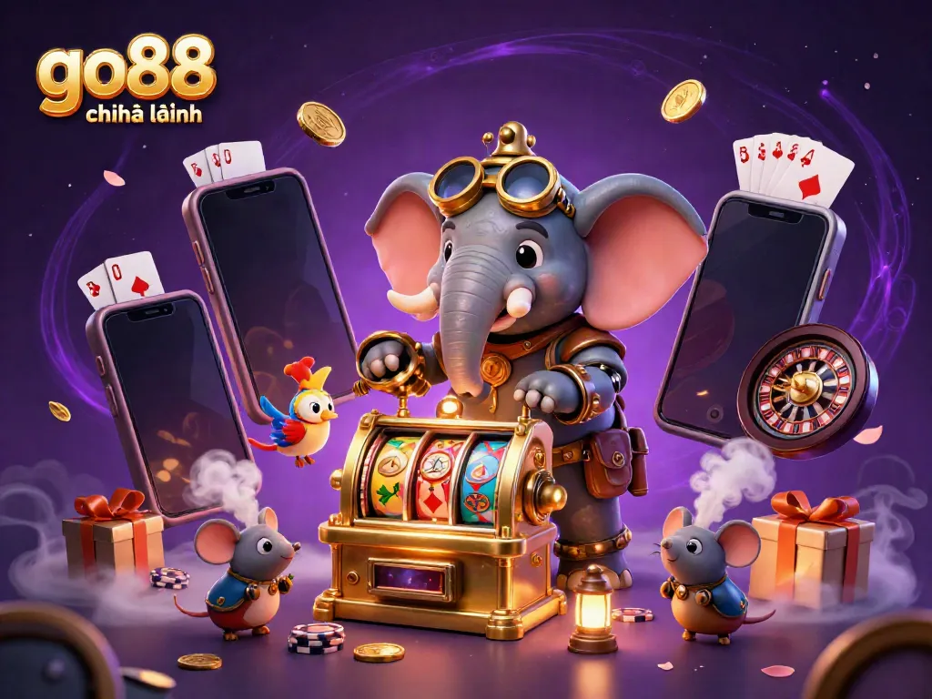 Experience the excitement of gambling at go88 chính hãng with vibrant 3D illustrations of a whimsical elephant engineer and a golden slot machine.