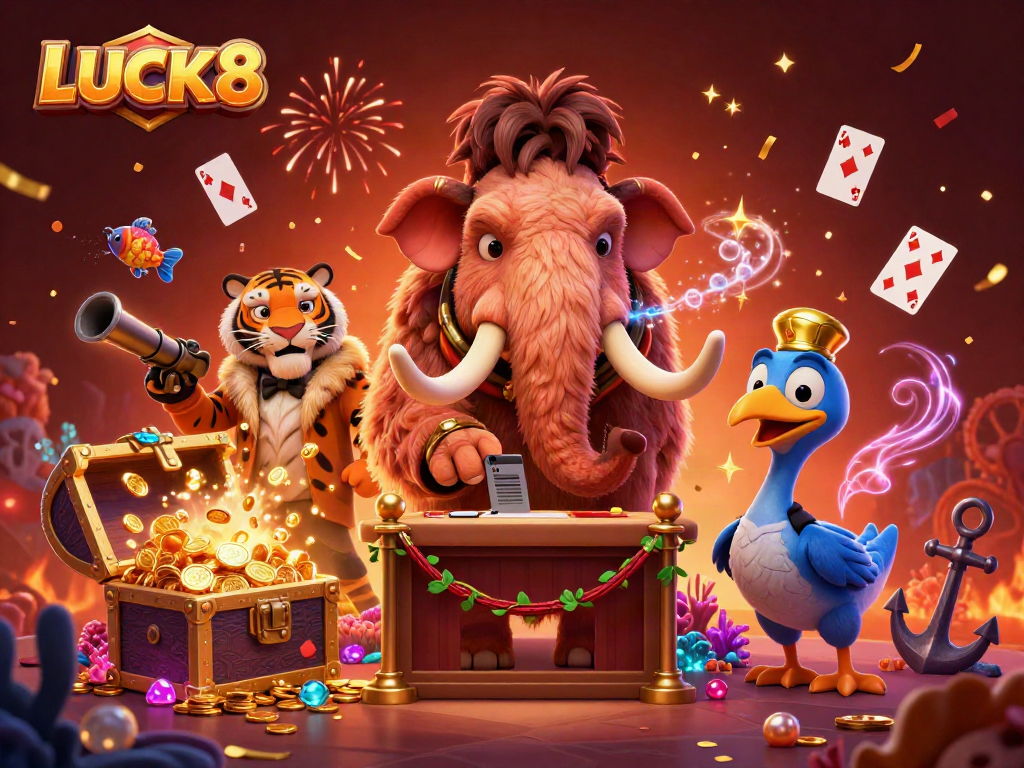 LUCK8 chào đón người chơi tại sòng bạc với các hộp kho báu và thẻ bài lơ lửng.