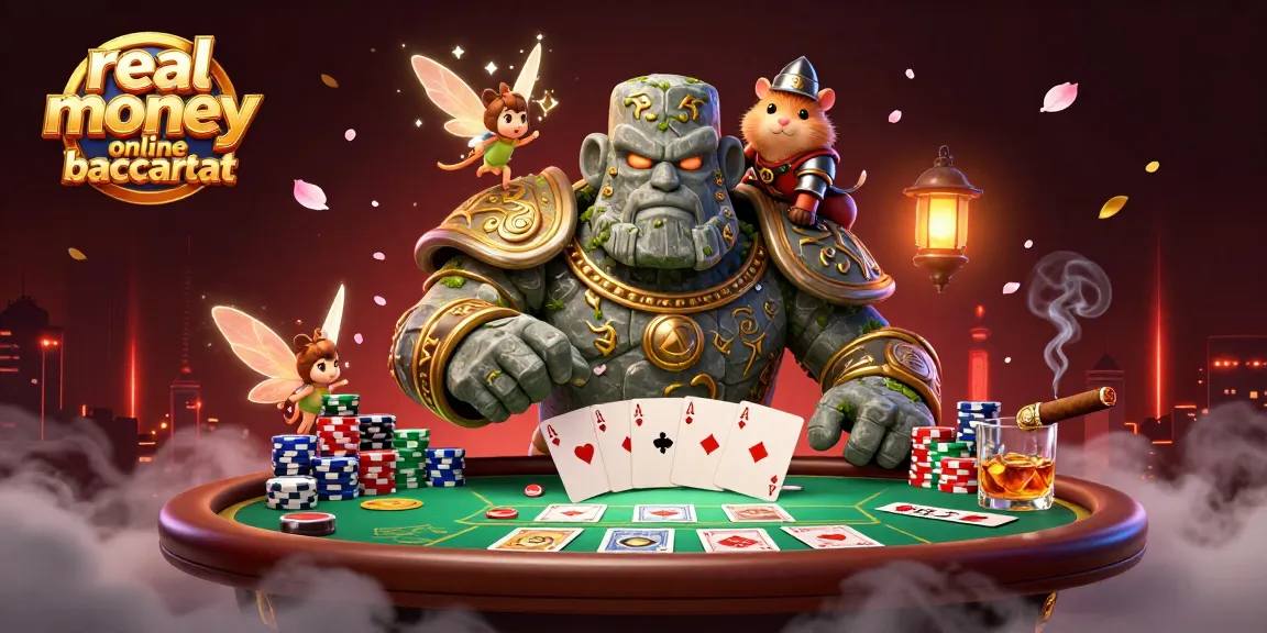 Engage in real money online baccarat with a vibrant scene showcasing an ancient stone guardian and dynamic casino elements.