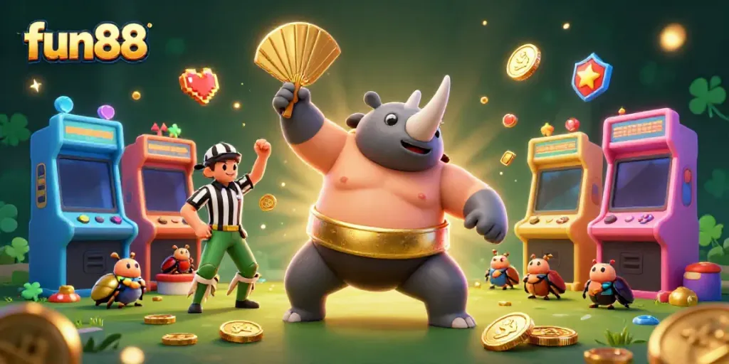 Experience fun88's thrilling atmosphere with a 3D rhinoceros beetle sumo champion in action, coins flying.