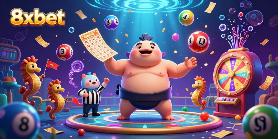 Engage with 8xbet in a vibrant underwater casino scene, featuring a whimsical fugu, wise catfish referee, and dynamic gaming elements.
