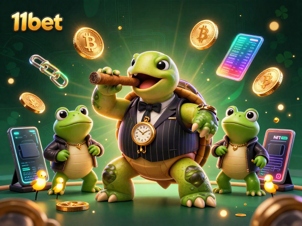 Experience excitement with 11bet's casino games, showcasing a lively 3D scene of characters and digital elements.