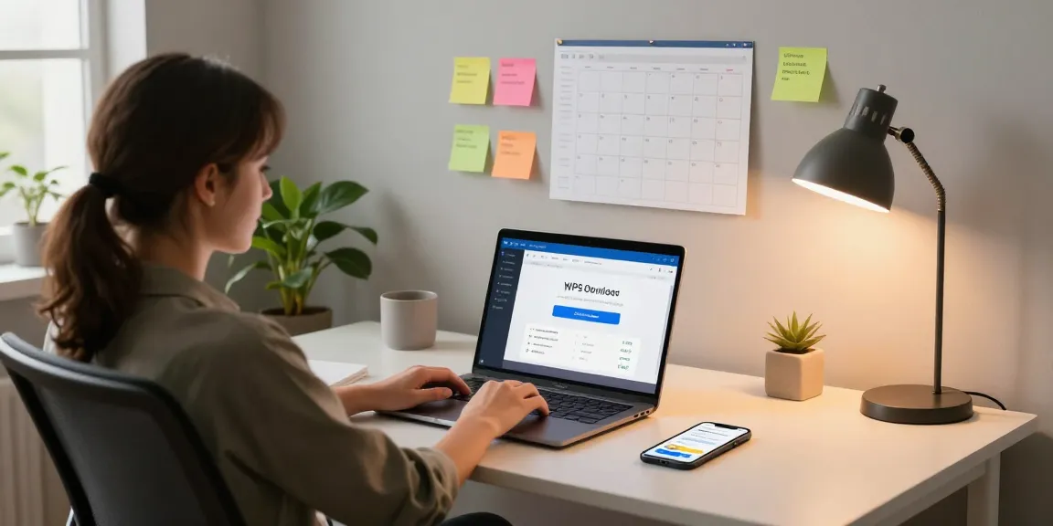 Effortlessly download WPS Office tools in a cozy home office setting, featuring a modern workspace with a laptop, productivity apps, and natural light.