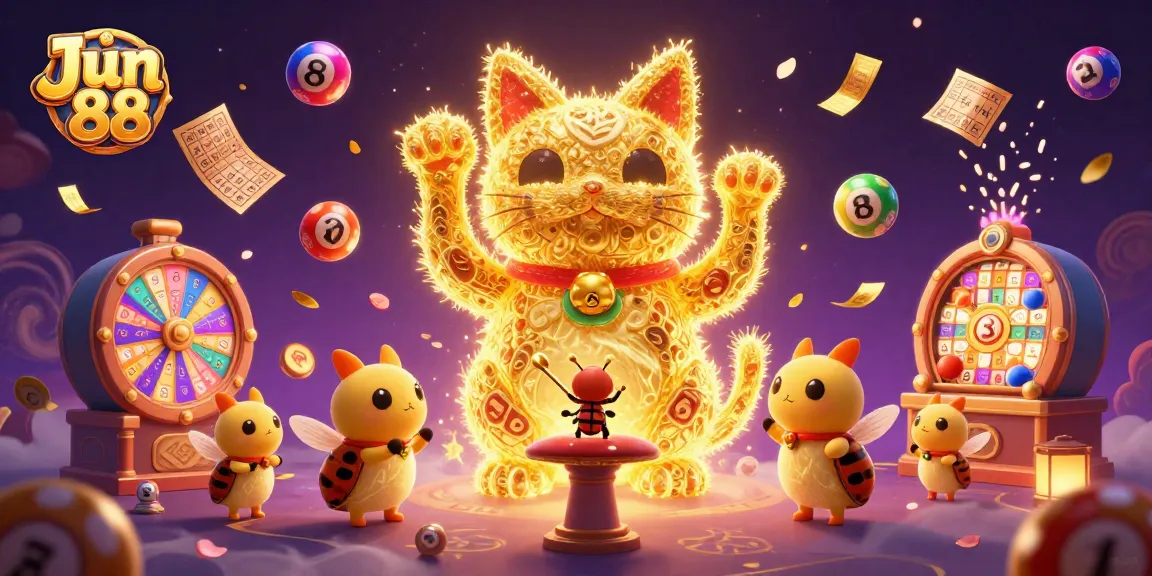 Experience fun at Jun 88 with a giant lucky cat, vibrant lottery elements, and casino excitement.