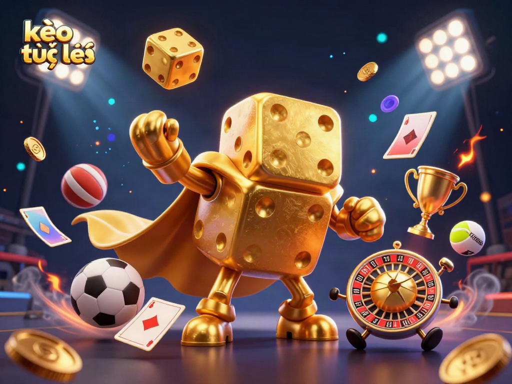 Engage in sports betting with kèo trực tuyến while golden dice and vibrant sports elements fill the scene.