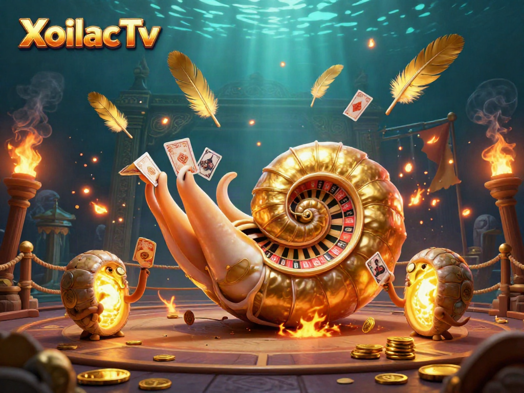 XoilacTv offers dynamic online gambling experiences with a vibrant illustration of a giant nautilus roulette and glowing ammonites.