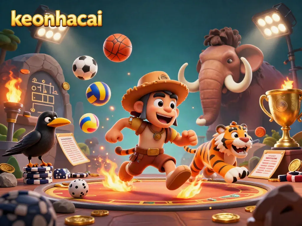 Engage with keonhacai at a prehistoric casino, where a caveman and tiger run the show amidst flying sports balls and a vibrant atmosphere.
