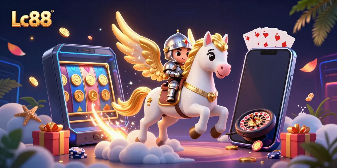 Engaging Lc88 slot adventure with a celestial horse and knight amidst swirling casino elements.