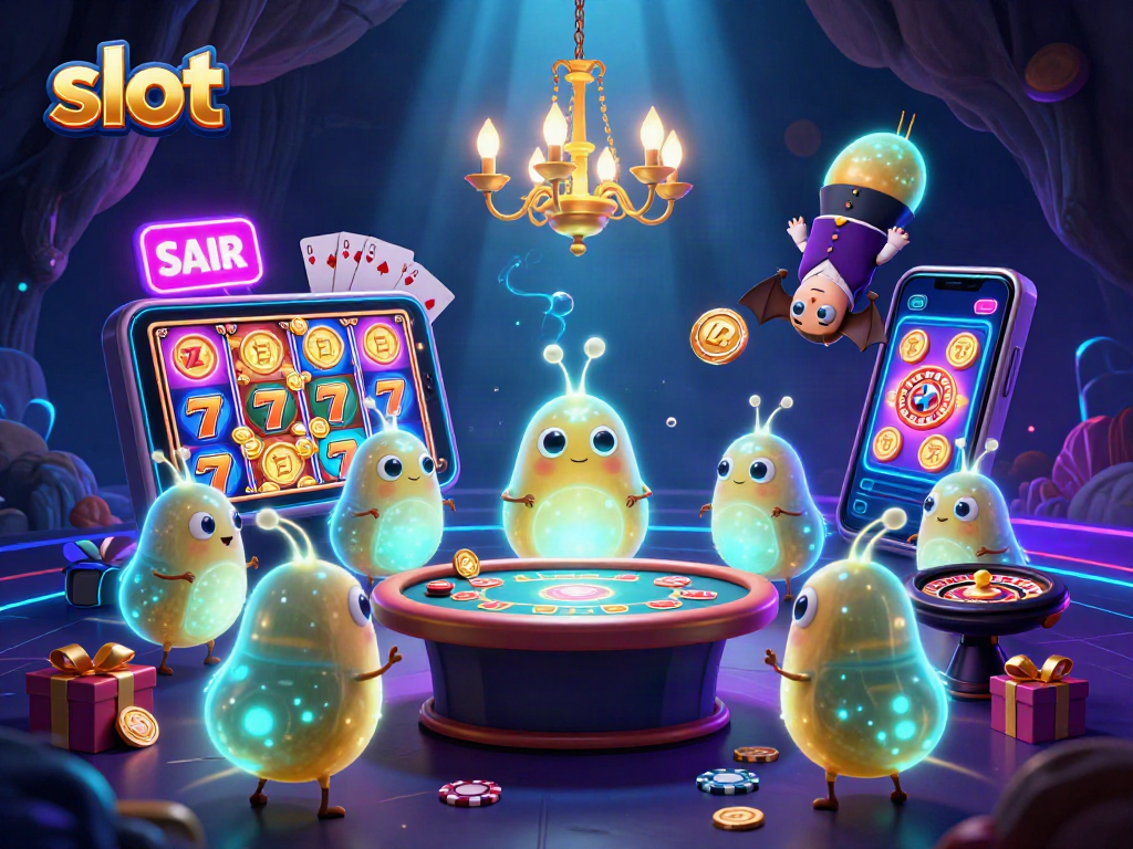 Experience the excitement of slot gaming with a lively casino scene featuring glowworms and a bat dealer.