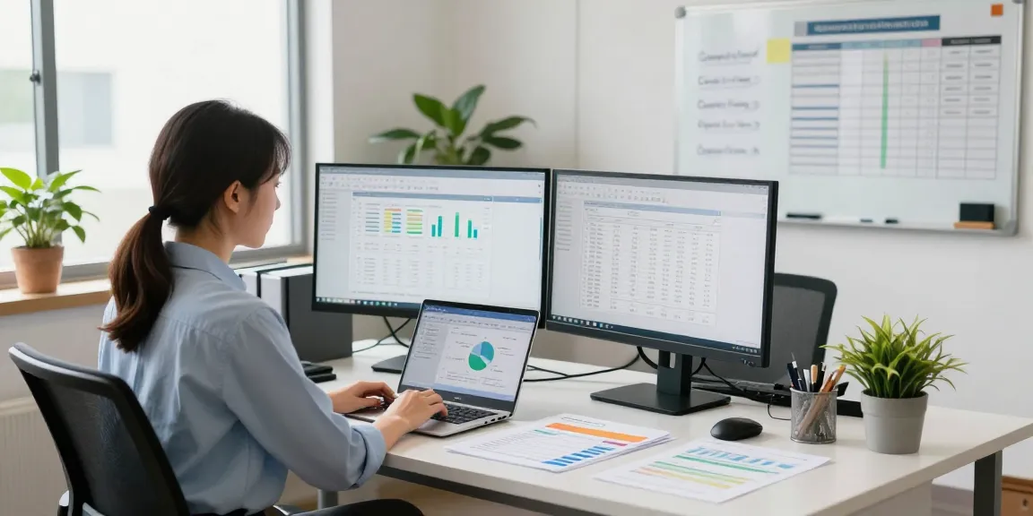 Accounting software for small business displayed on dual monitors in a bright office workspace.