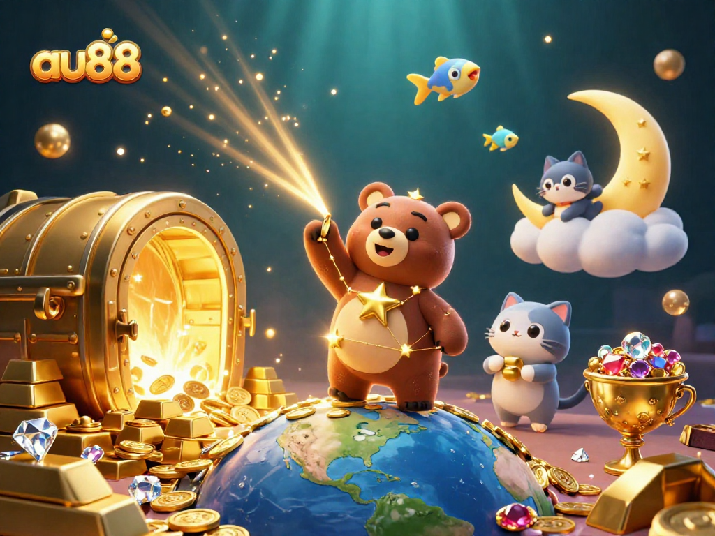Join the gaming excitement at au88 as a constellation bear grapples treasures in a vibrant underwater casino scene.