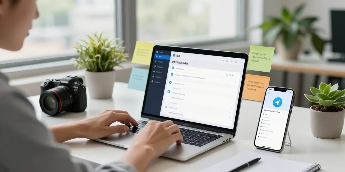 Setting up Telegram中文 interface on a laptop in modern workspace with tech accessories.