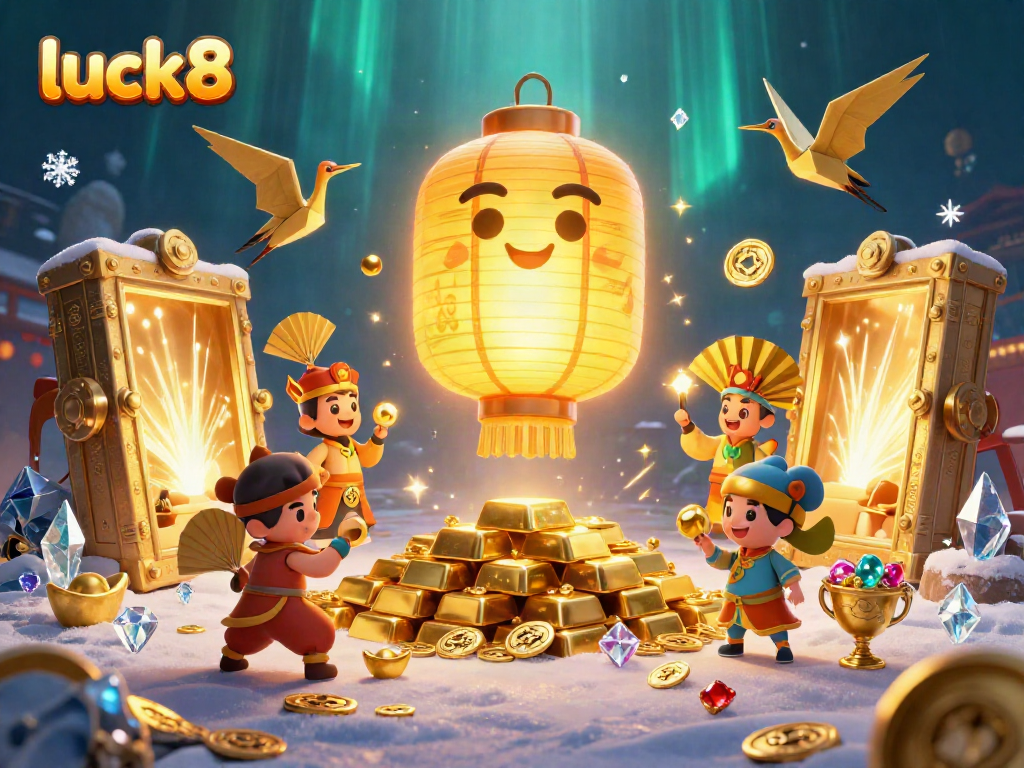 Play exciting casino games at luck8 with dynamic golden lanterns, treasure gems, and cultural symbols.