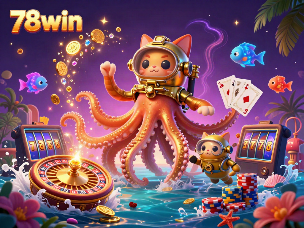 Engage with 78win's thrilling undersea casino adventures featuring a kraken and a diving cat surrounded by rich gaming elements.