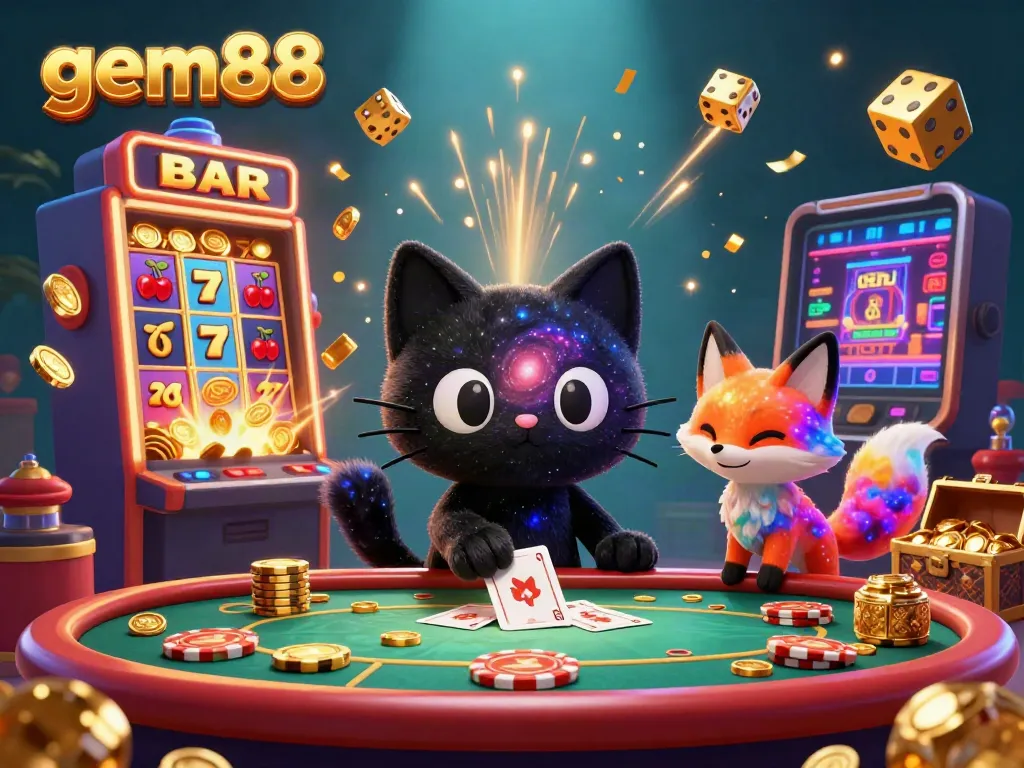 Join the excitement at gem88 with this vibrant casino scene featuring dynamic characters and a jackpot explosion.