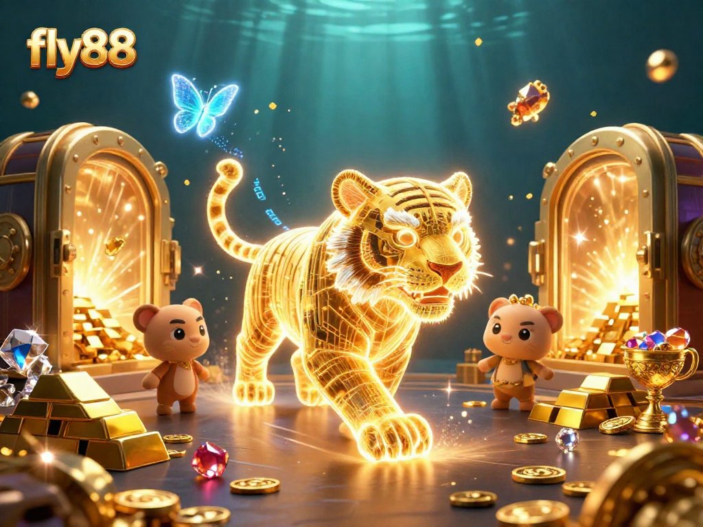 Experience excitement with fly88's dazzling casino adventure featuring a neon tiger and treasure.